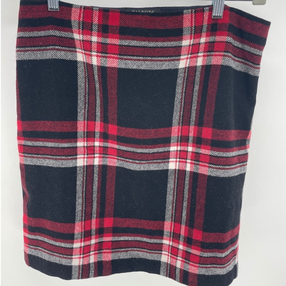 Talbots Plaid Pencil Skirt Womens 10P Red Black Wool Blend Excellent Career